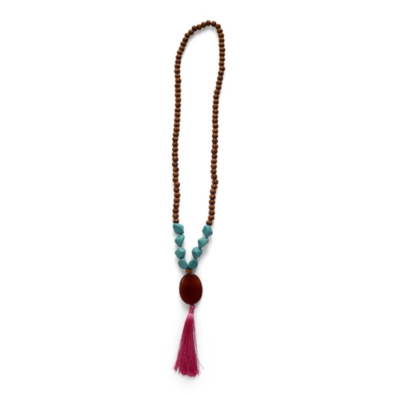 NEW Tassel Necklace wood bead Long Turquoise GIFT - Picture 2 of 4